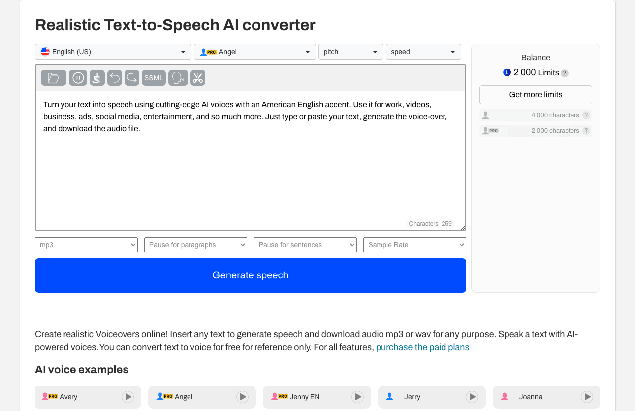 SpeechGen.io Audio Generation showing Audio Generation - AI-powered realistic voiceovers and transcription from any text or a