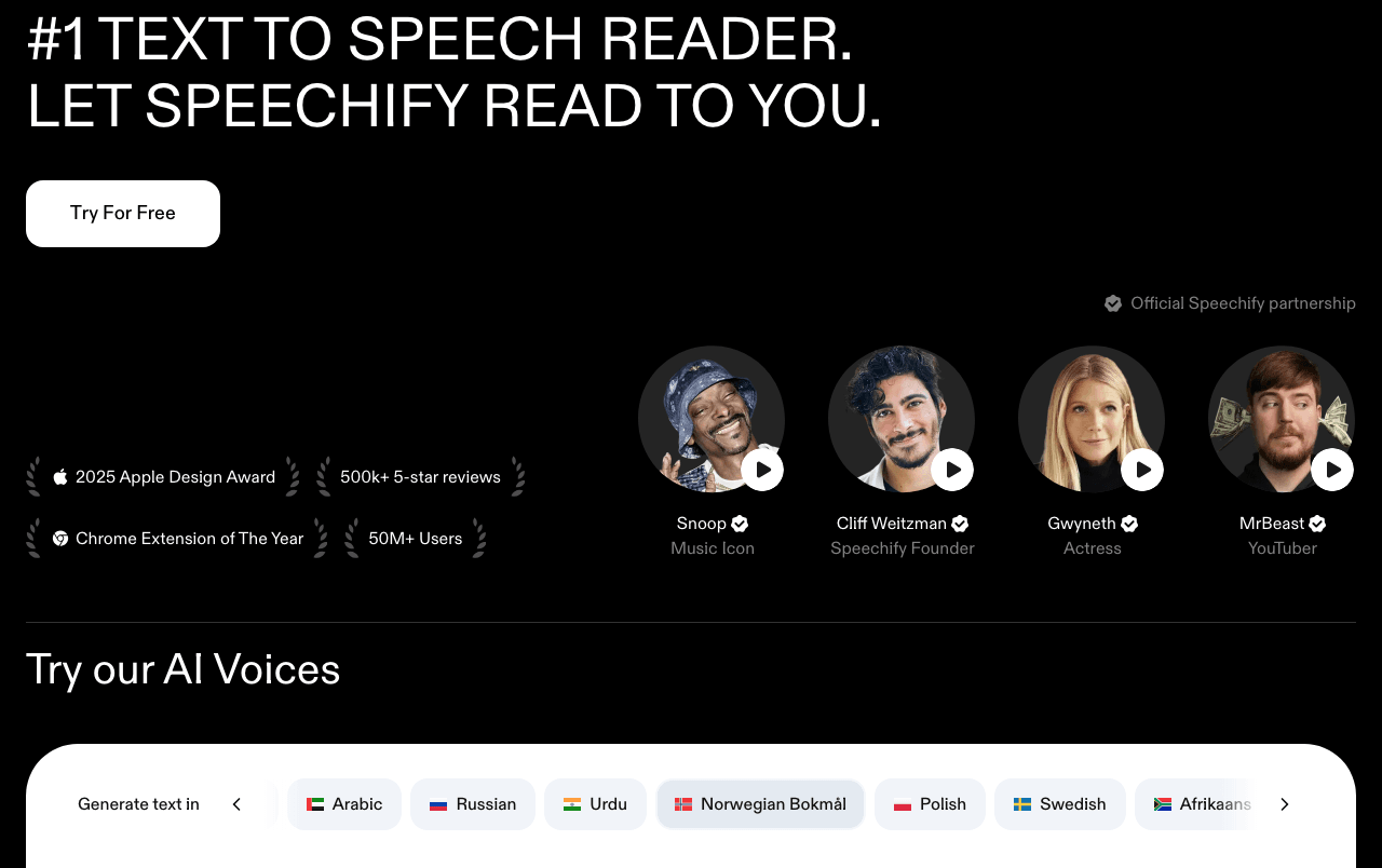 Speechify Audio Generation showing Audio Generation - Read, write, and understand anything with AI voices