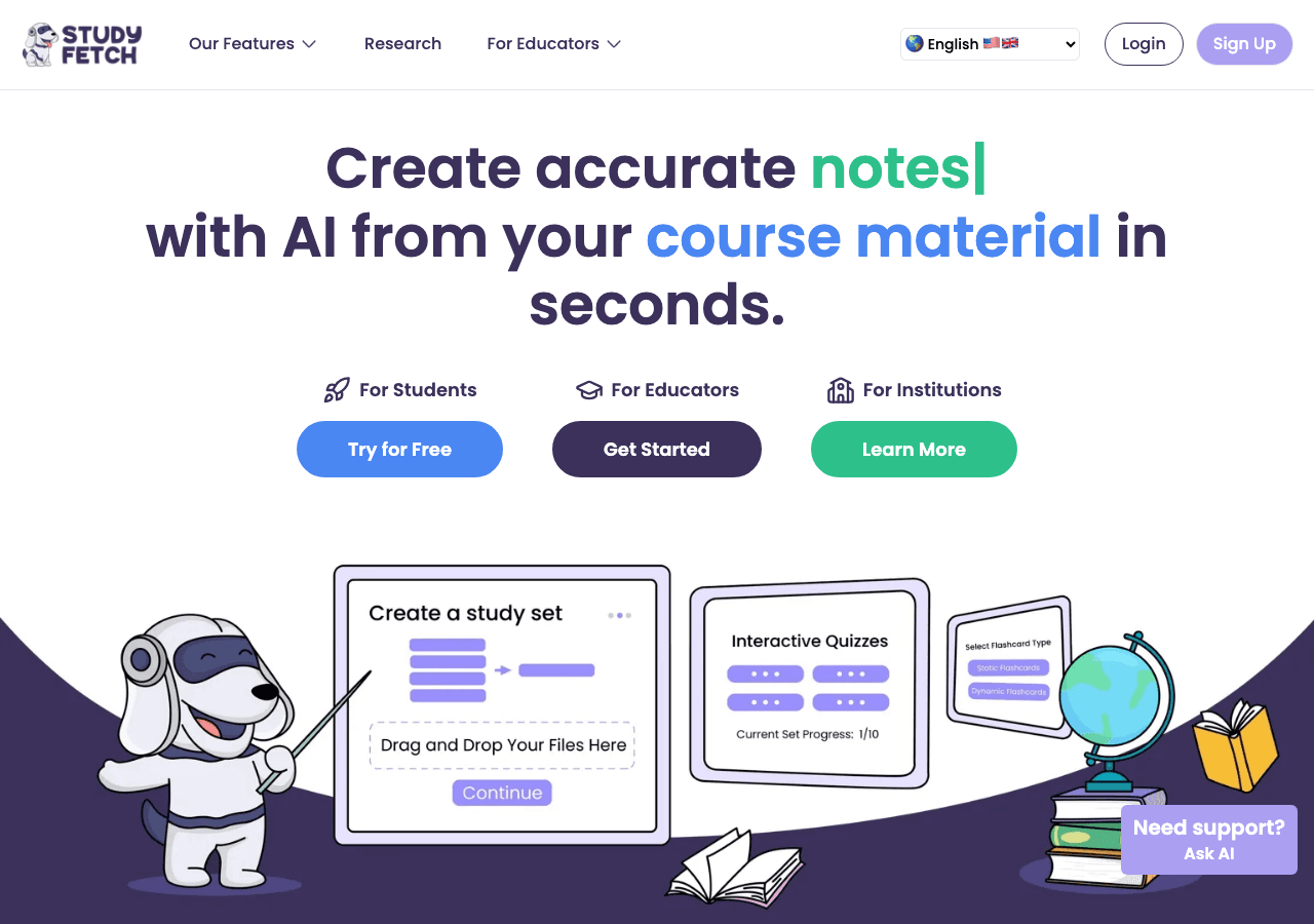 StudyFetch Productivity & Collaboration showing ai tutor - Turn any course material into interactive AI-powered study tools