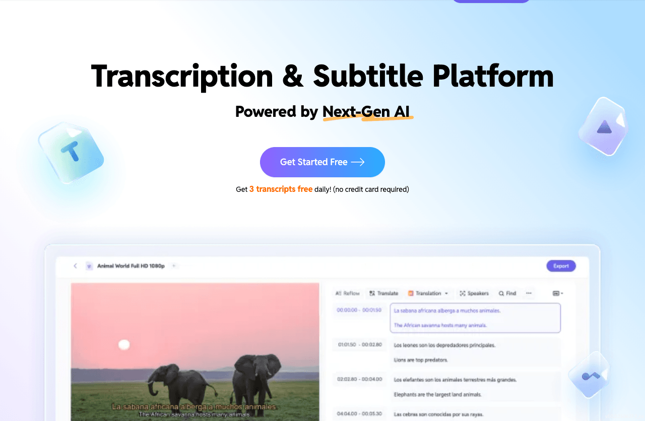 SubEasy.ai Video Editing showing Video Editing - AI Transcription, Subtitles & Translation