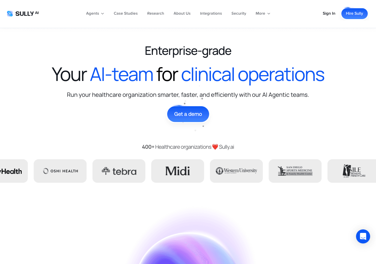 Sully.ai AI Agents showing ai healthcare agents - An AI team for your practice: Nurse, Receptionist, Scribe, and more