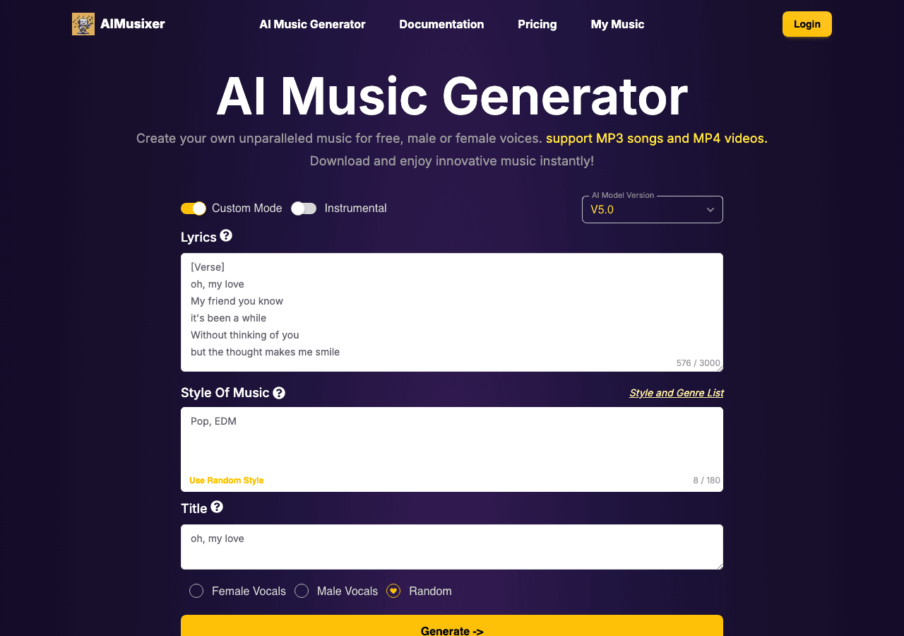 AIMusixer Music Generation showing Music Generation - Free AI Music Generator – Create and Download Songs Instantly
