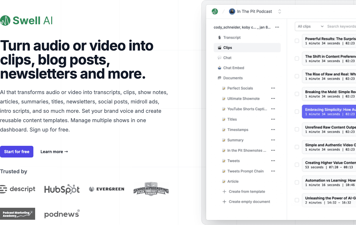 Swell AI Marketing Automation showing Marketing Automation - Repurpose audio or video content for every marketing channel