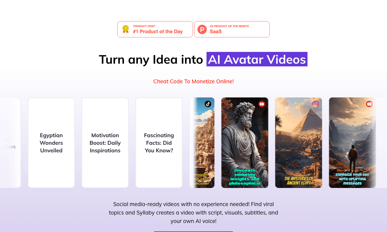 Syllaby.io Video Generation showing Video Generation - Turn any idea into faceless videos and AI avatars.