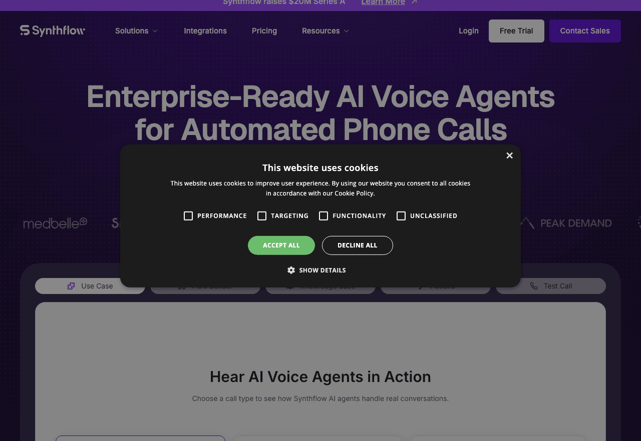 Synthflow AI Conversational AI showing Conversational AI - AI Voice Agent Platform to Automate Your Phone Calls