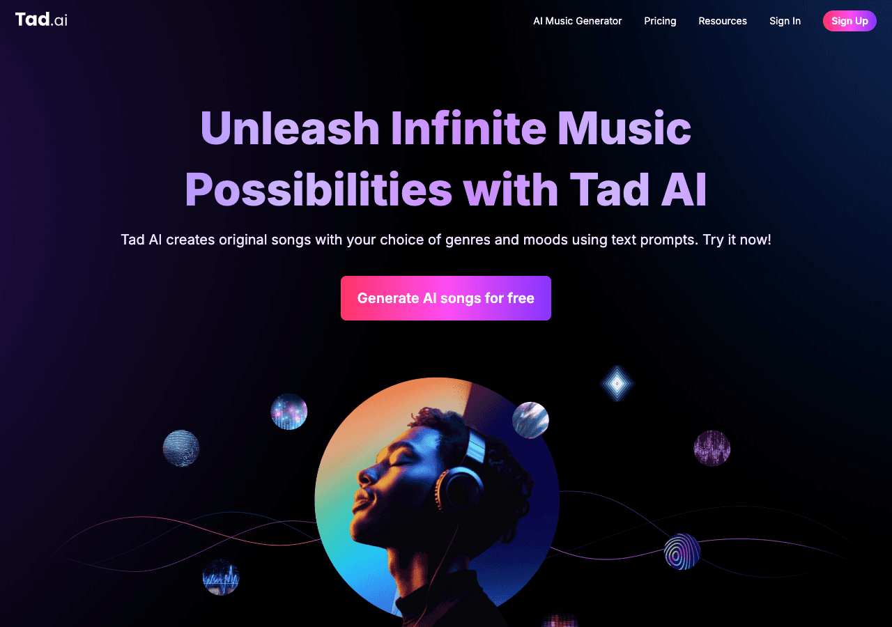 Tad AI Music Generation showing ai music generator - Create royalty-free music instantly with AI