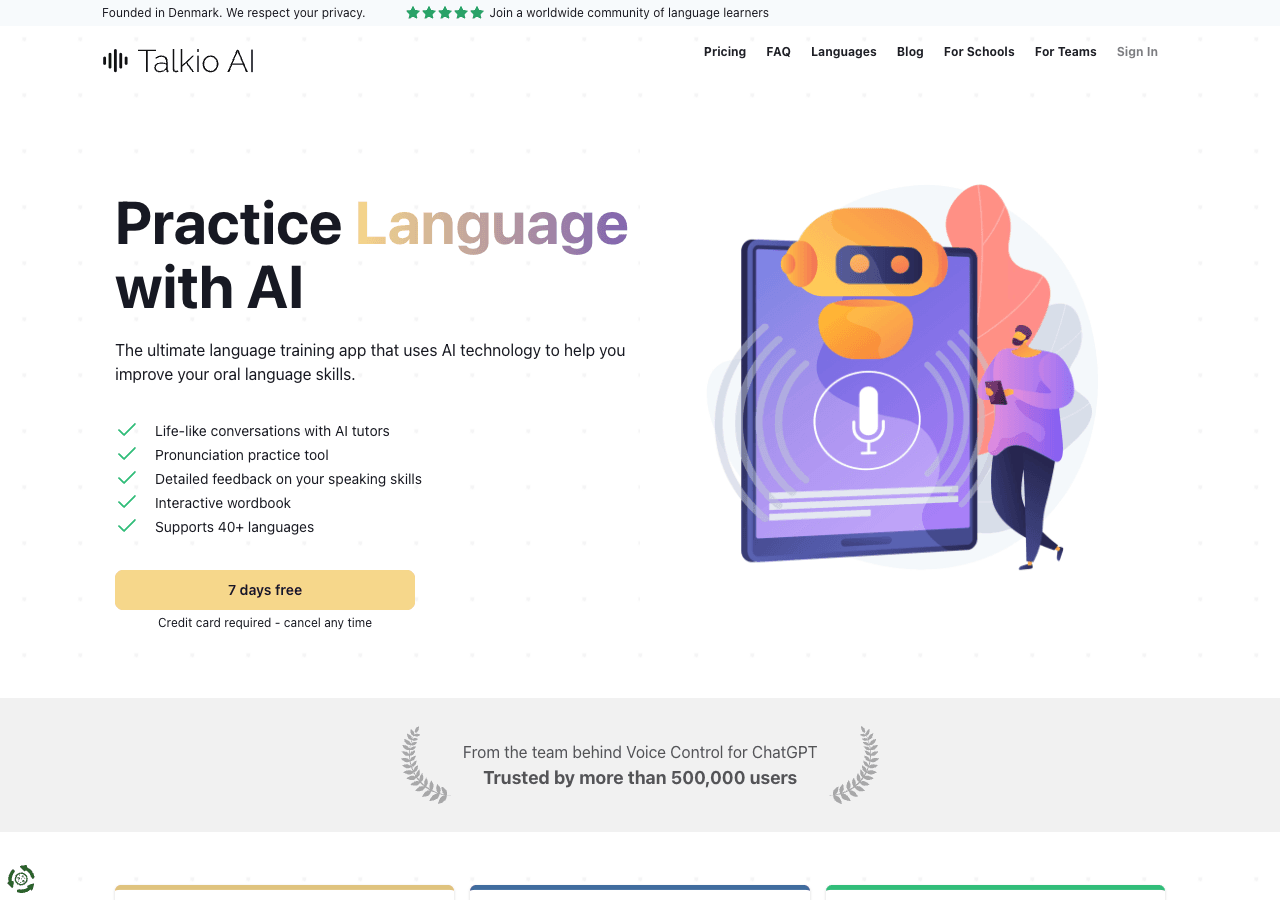 Talkio AI Conversational AI showing Conversational AI - Practice speaking any language with AI tutors