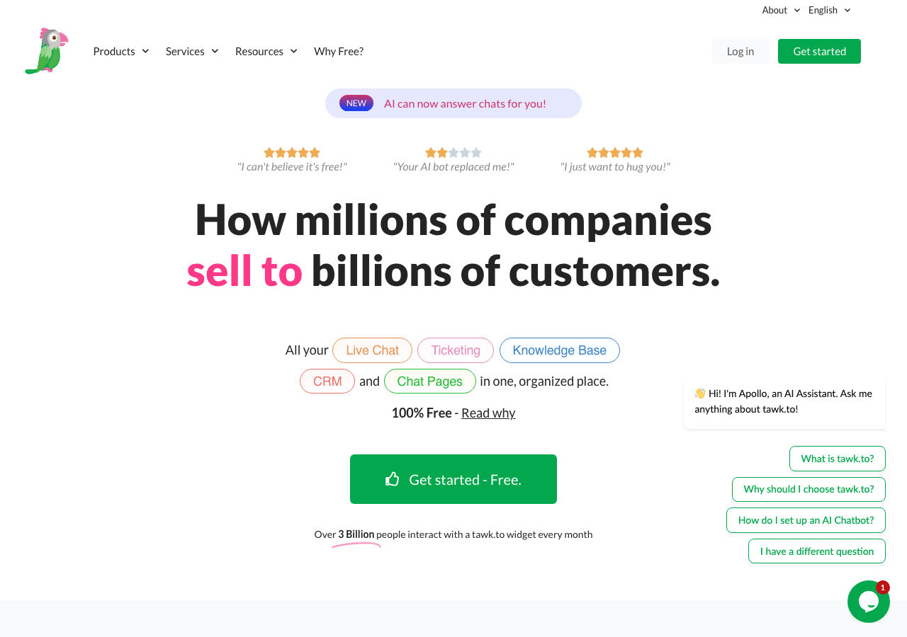 tawk.to Hired Chat Agents Conversational AI showing Conversational AI - Real agents answering chats 24/7 from just $1/hour—ne