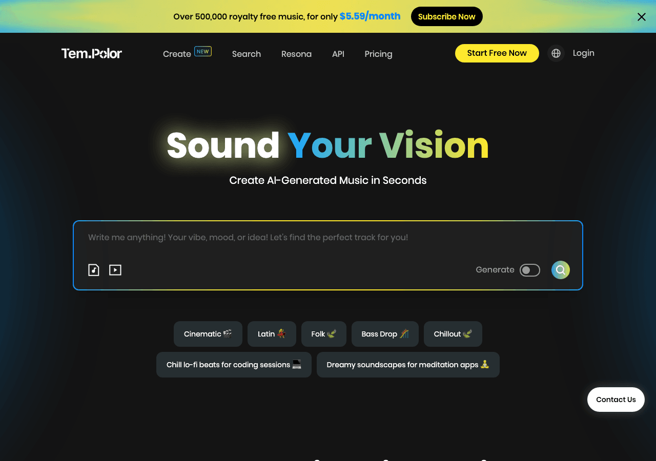TemPolor Music Generation showing Music Generation - Custom AI Music for Every Creator