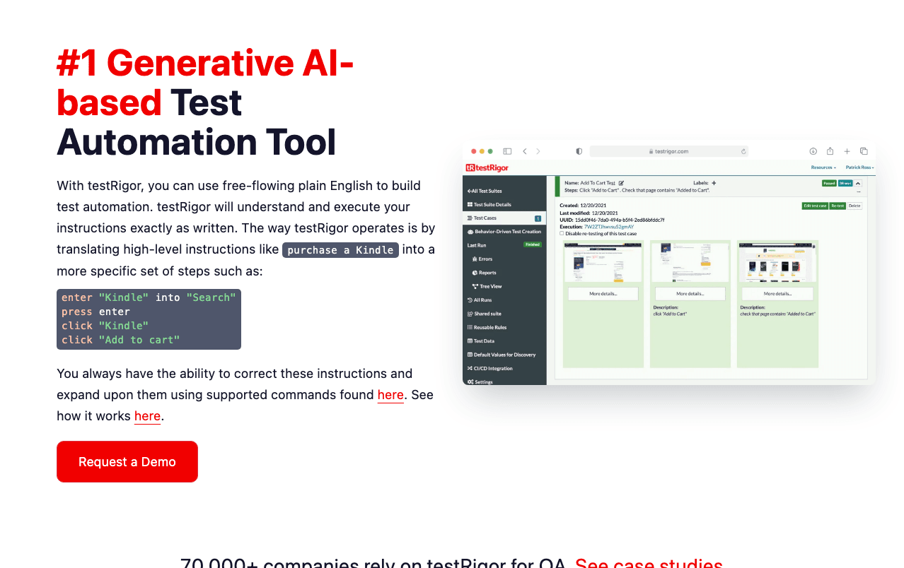 testRigor Code Assistance showing Code Assistance - AI-Based Test Automation Tool