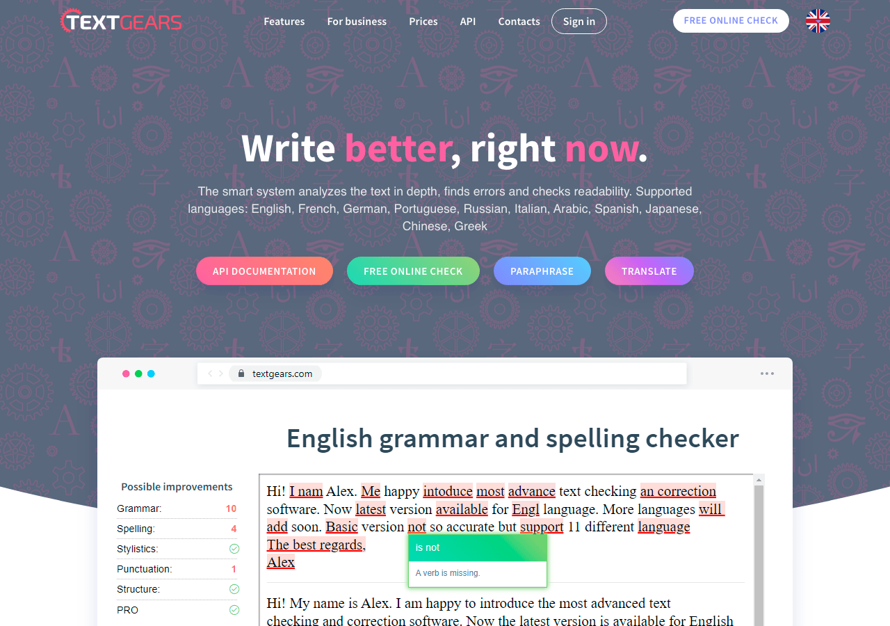 TextGears Writing & Translation showing Writing & Translation - AI-powered grammar, style, and plagiarism checks for better w
