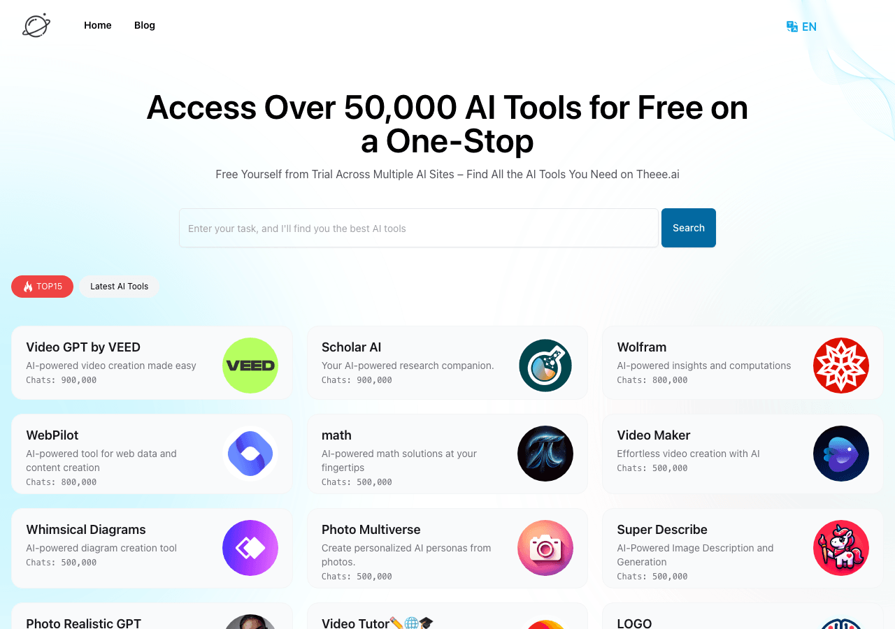 Theee AI Search & Discovery showing Search & Discovery - 50,000+ AI tools, one place to find them