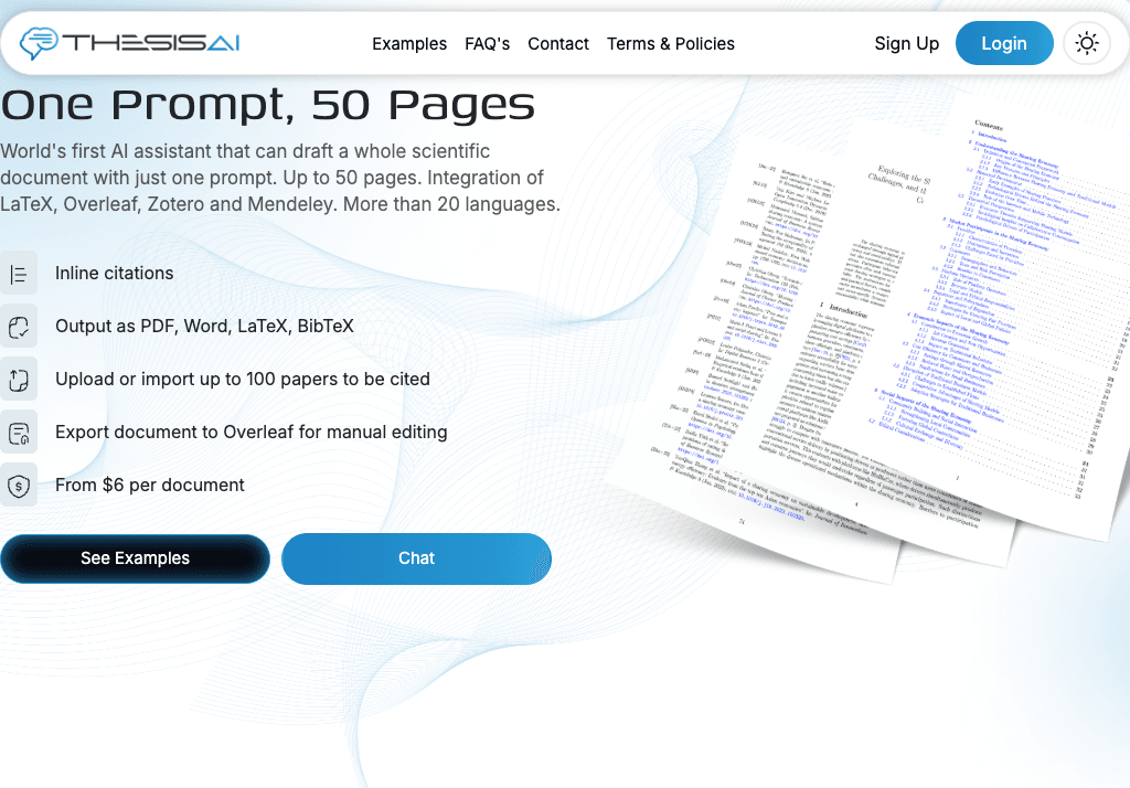 ThesisAI Writing & Translation showing Writing & Translation - Create 80-page scientific documents with AI. Academic writing,
