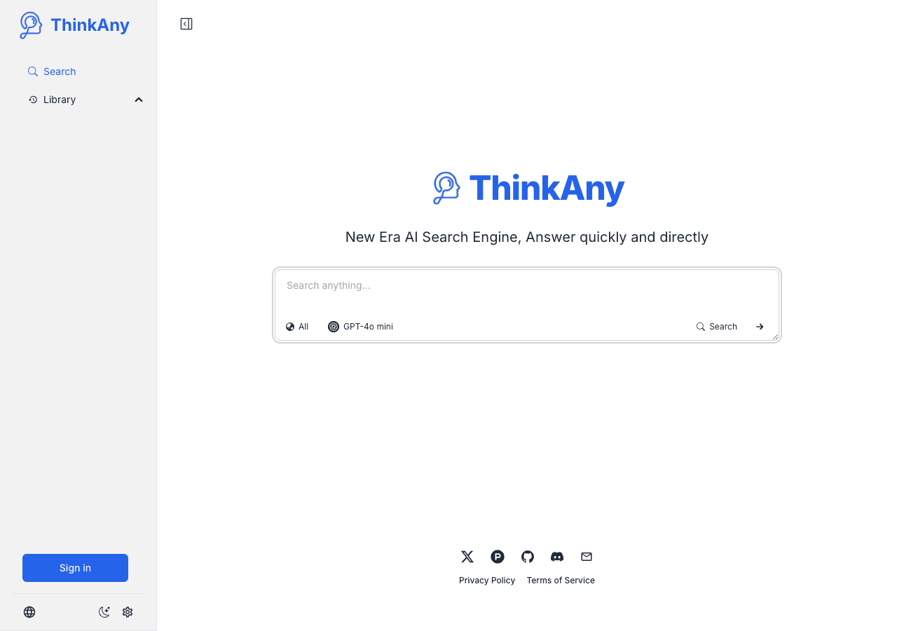 ThinkAny Search & Discovery showing Search & Discovery - Search Anything with AI