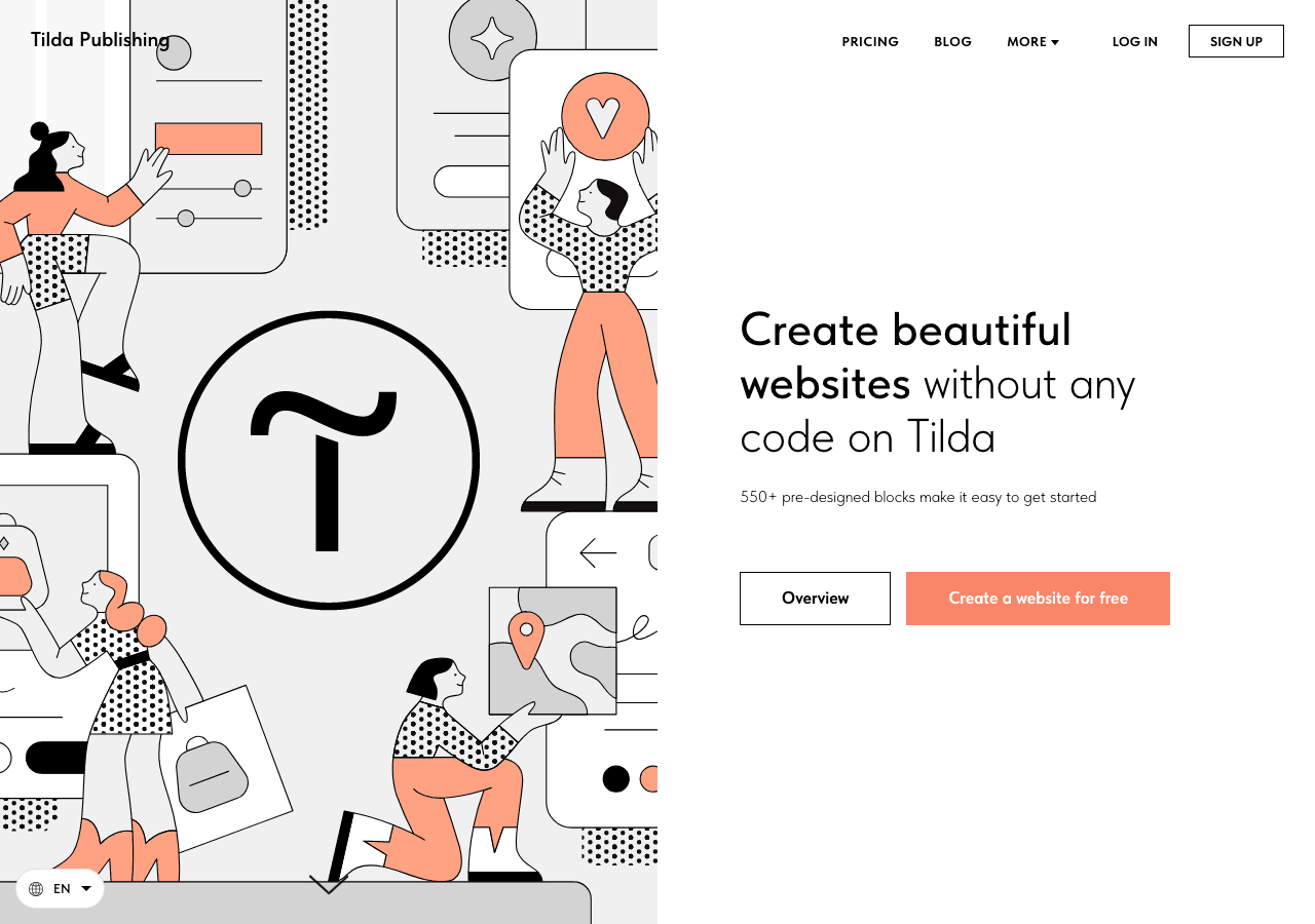 Tilda Design showing no-code website builder - Create stunning websites in minutes. No code. Just blocks. Powered by AI.