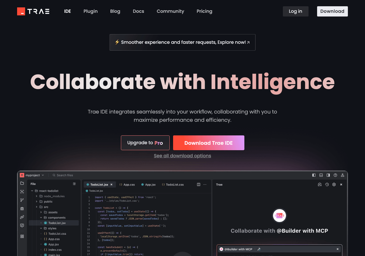 TRAE Code Assistance showing Code Assistance - Collaborate with Intelligence