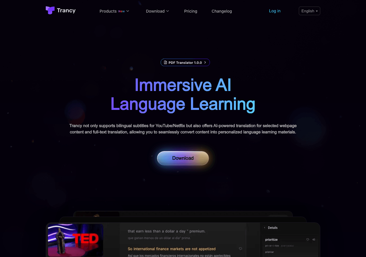 Trancy Writing & Translation showing Writing & Translation - Immersive AI Language Learning