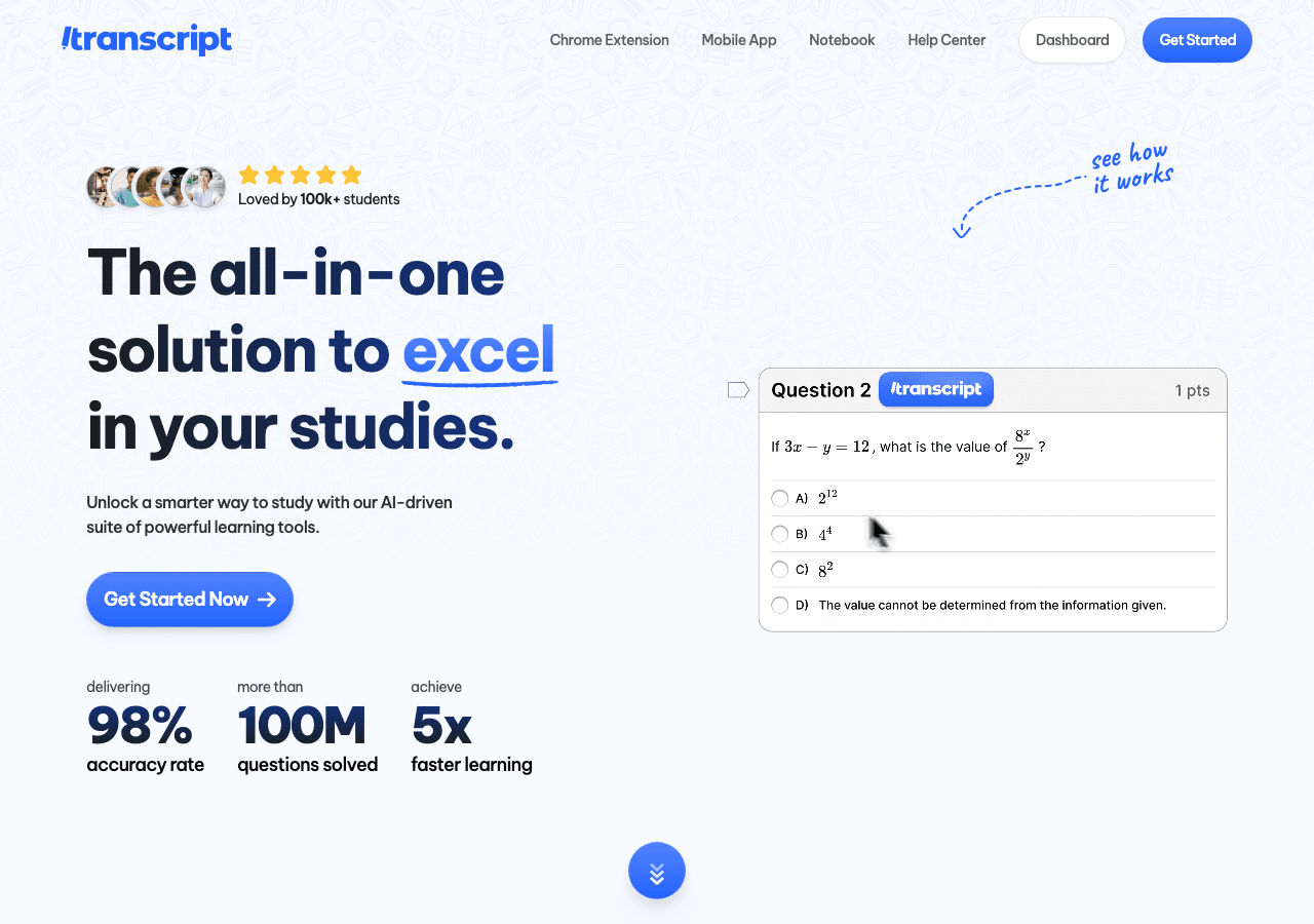 Transcript AI Conversational AI showing Conversational AI - Instant answers and study help, anytime