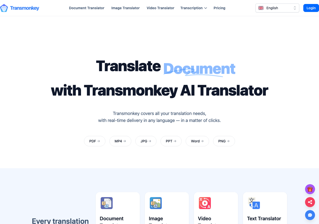 Transmonkey AI Translator Suite Writing & Translation showing Writing & Translation - Translate Document, Image, Video Online