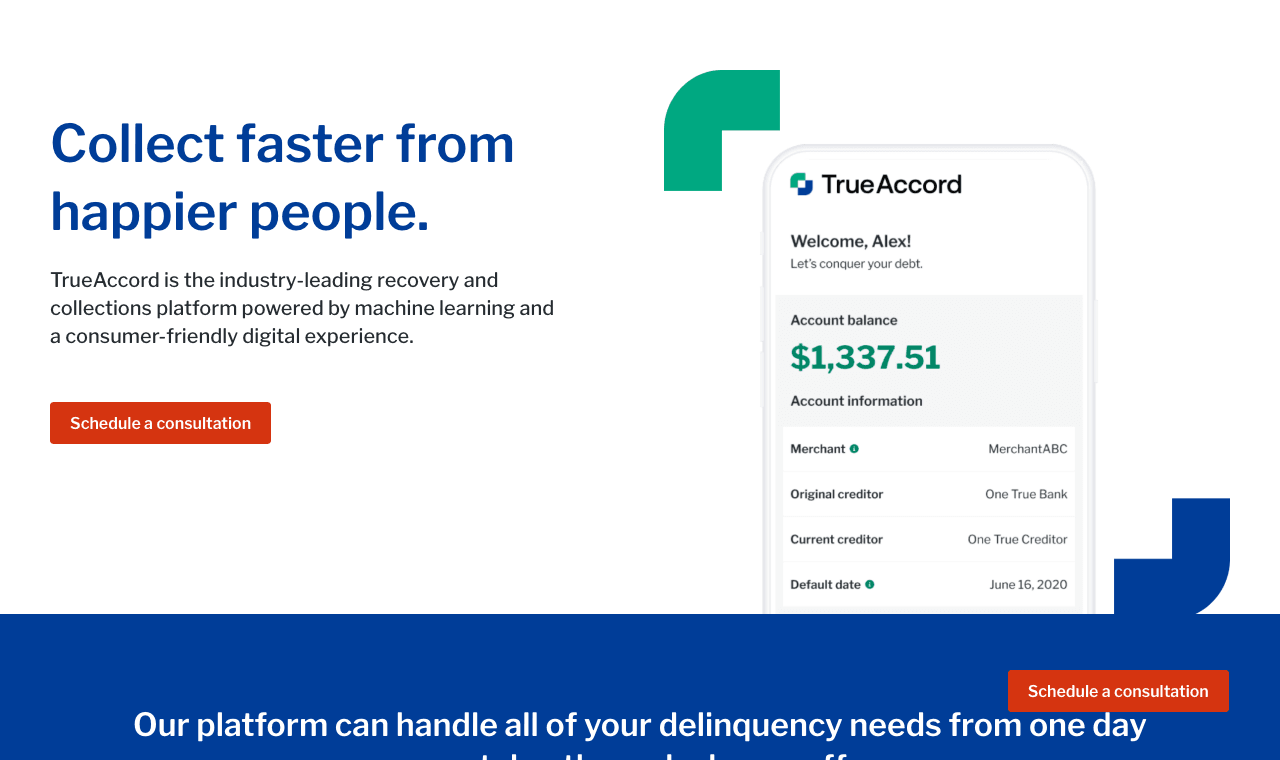 TrueAccord Data Analytics showing Data Analytics - Collect faster from happier people.