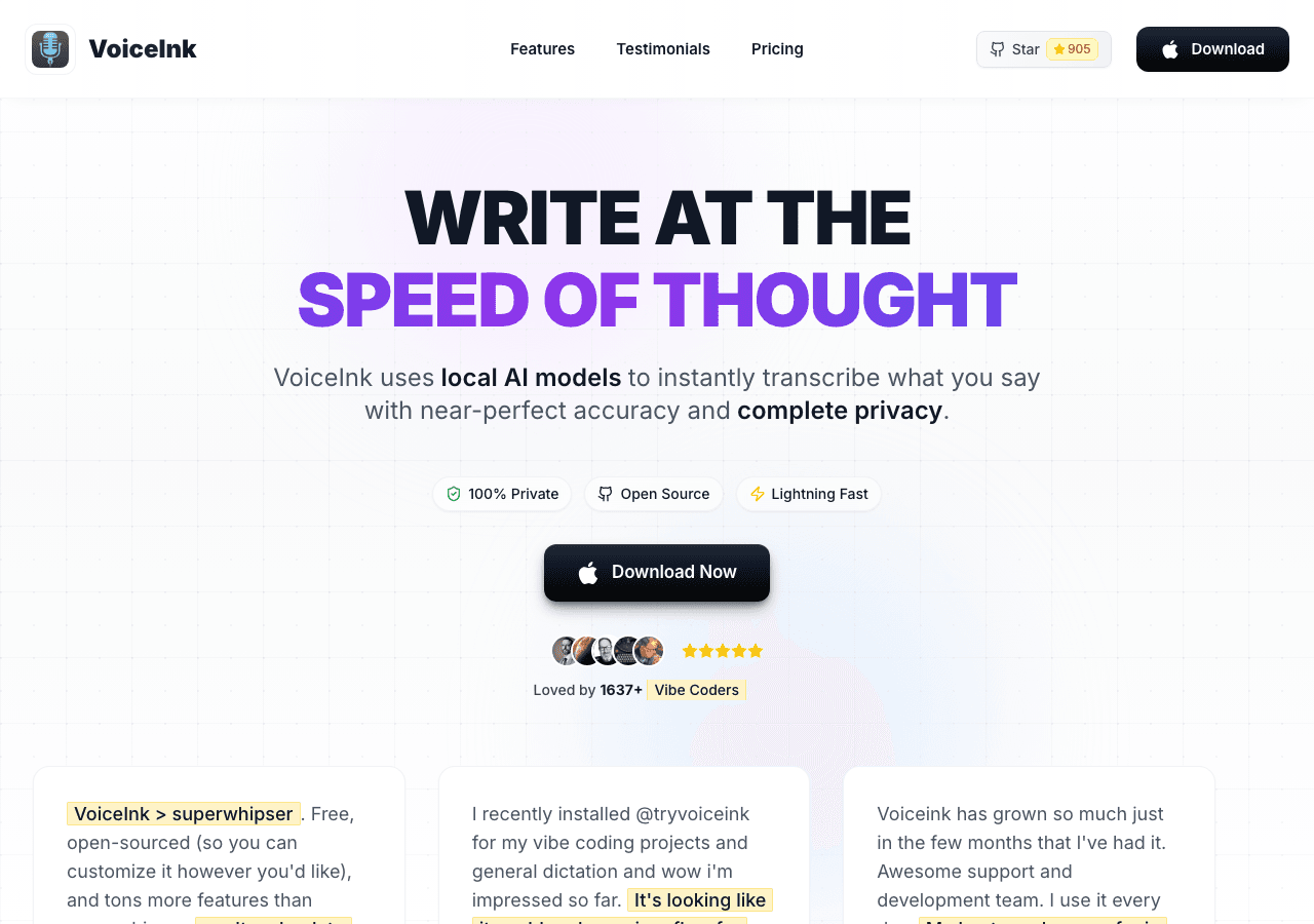 VoiceInk Writing & Translation showing Writing & Translation - Transcribe with precision