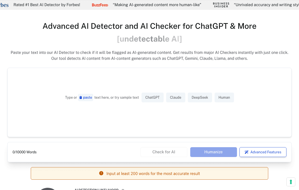 Undetectable AI Screenshot - AI tool for Human Resources Professionals