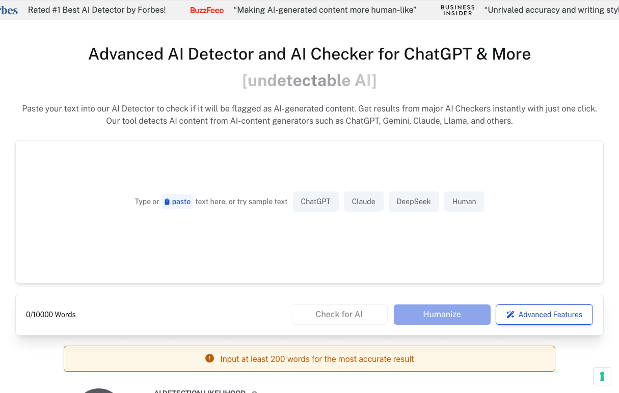 Undetectable AI Writing & Translation showing Writing & Translation - Make AI-generated content undetectable with one click