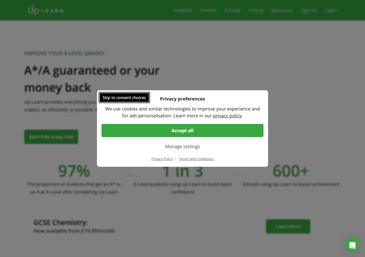 Up Learn Conversational AI showing Conversational AI - A*/A guaranteed or your money back