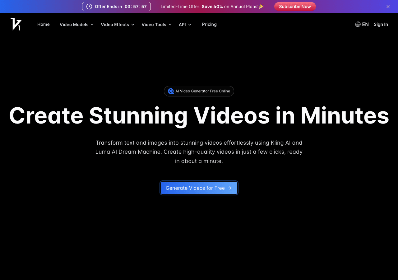 Vidful.ai Video Generation showing Video Generation - AI Video Generator Free Online Powered by Kling AI and Luma Dream Machi
