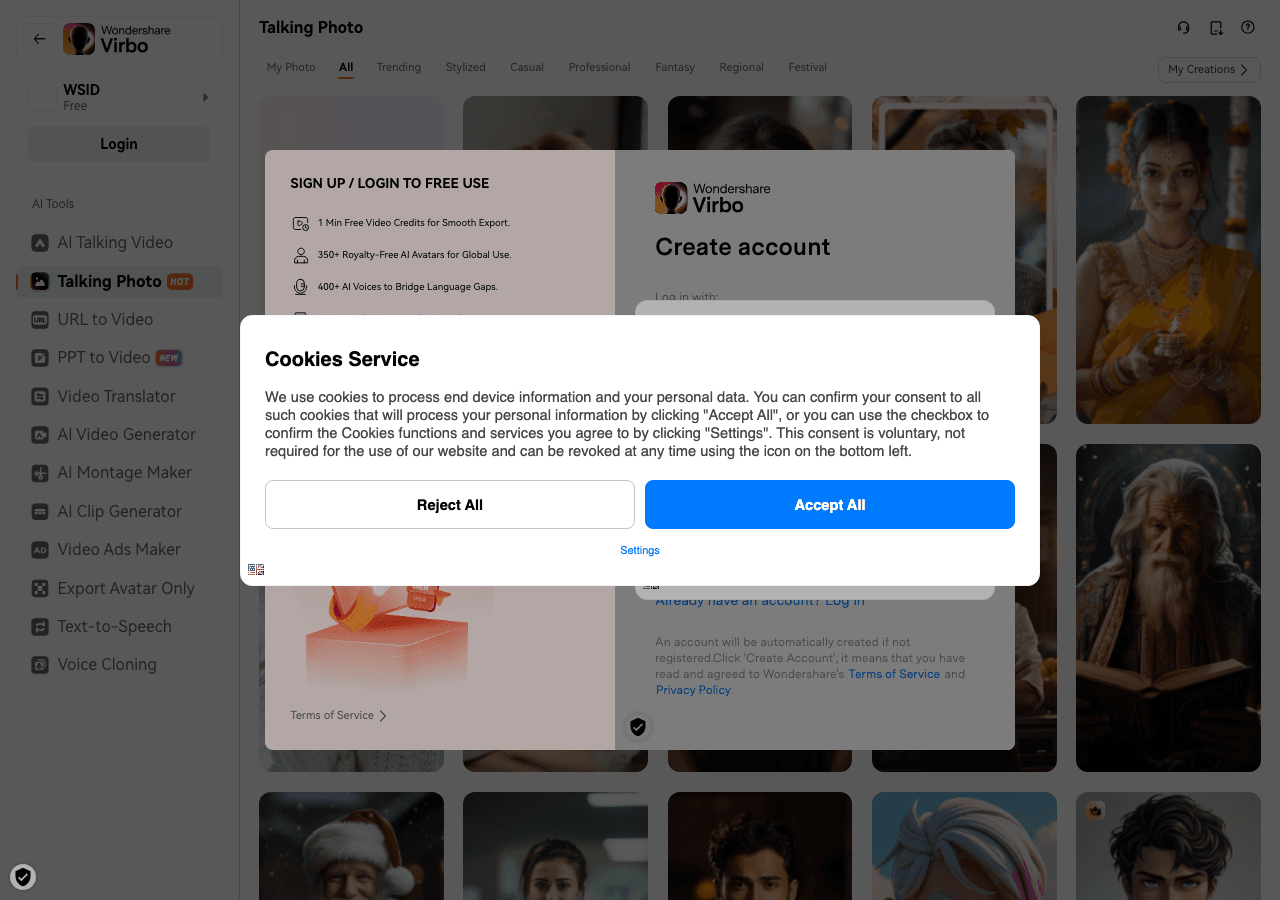 Wondershare Virbo Image Generation showing Image Generation - Turn your photos into talking moments