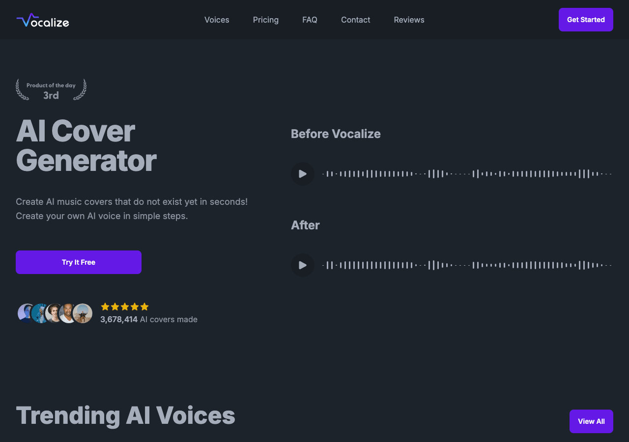 Vocalize Audio Generation showing Audio Generation - Easily create AI covers & Text-To-Speech with your favorite voices