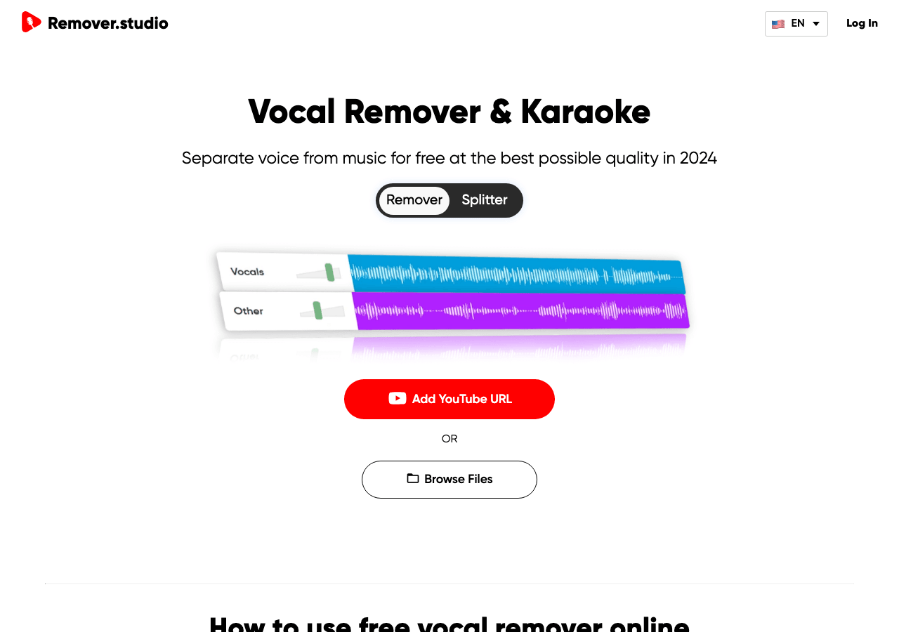 Remover.studio Audio Editing showing Audio Editing - AI-powered vocal remover: Extract vocals or instruments and make karaoke