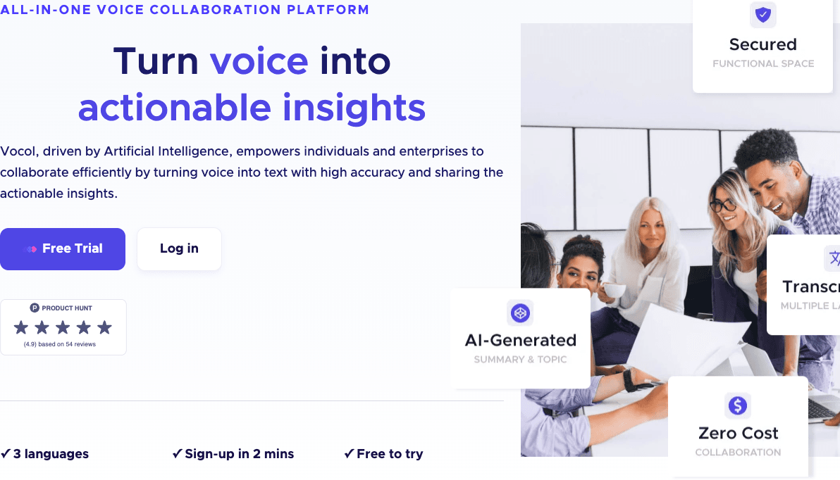 Vocol AI Productivity & Collaboration showing Productivity & Collaboration - Empowering seamless voice interactions