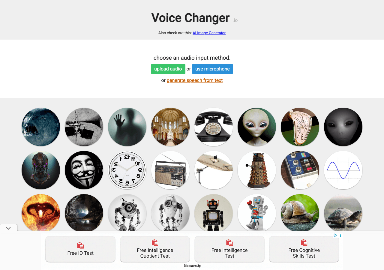 Voice Changer .io Audio Generation showing Audio Generation - Change your voice online