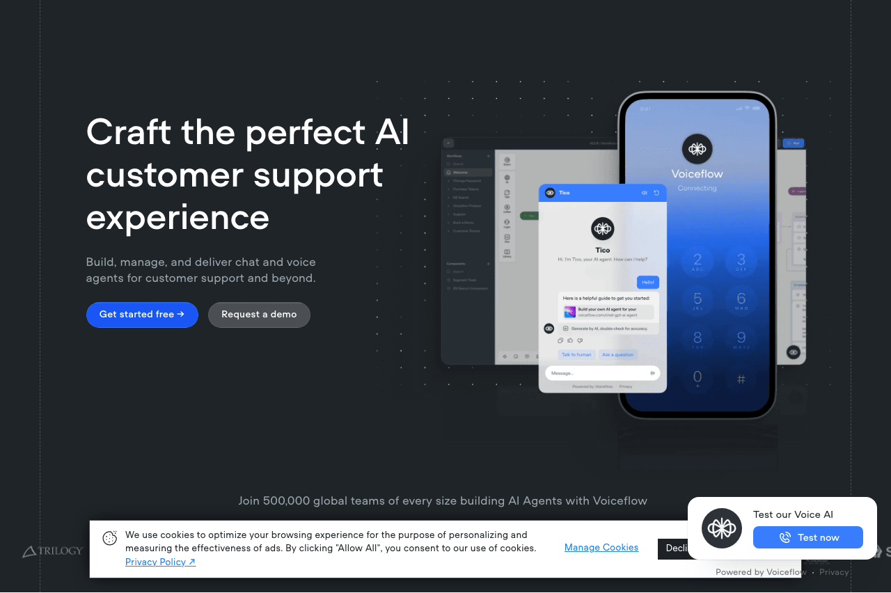 Voiceflow Conversational AI showing Conversational AI - Build voice apps visually
