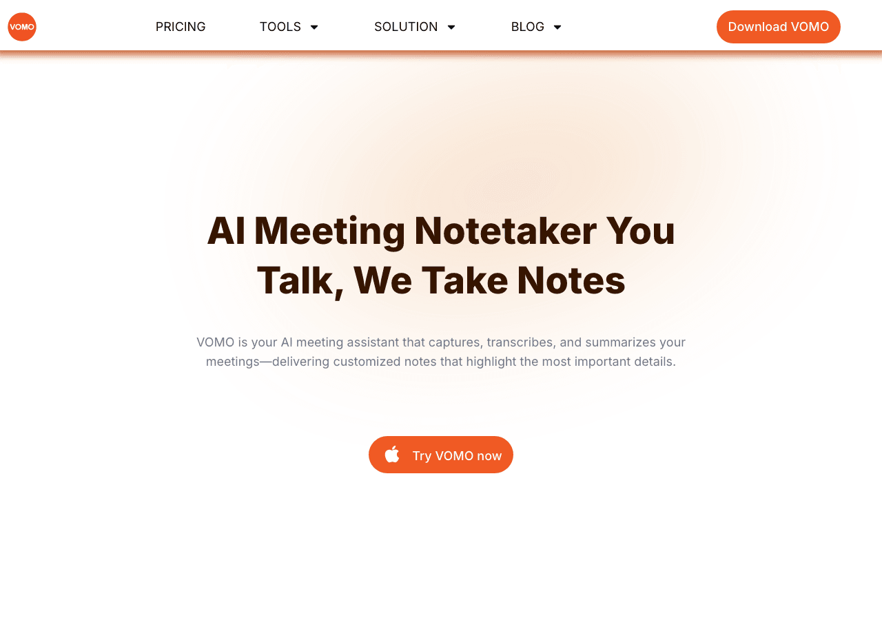 VOMO AI Productivity & Collaboration showing Productivity & Collaboration - Record. Transcribe. Summarize. Instant AI meeting