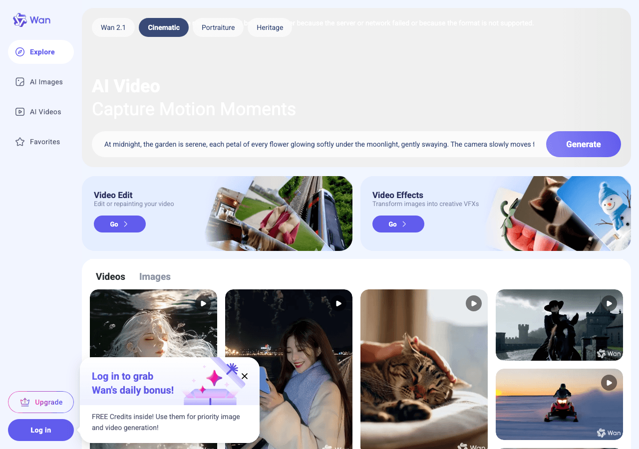 Wan Video Generation showing Video Generation - AI Video Creation. Realism. Audio. Control.