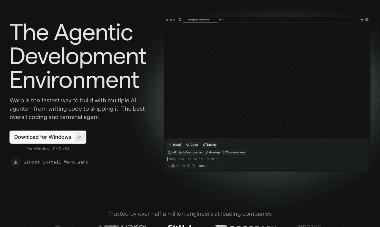 Warp Code Assistance showing ai terminal - The Agentic Development Environment