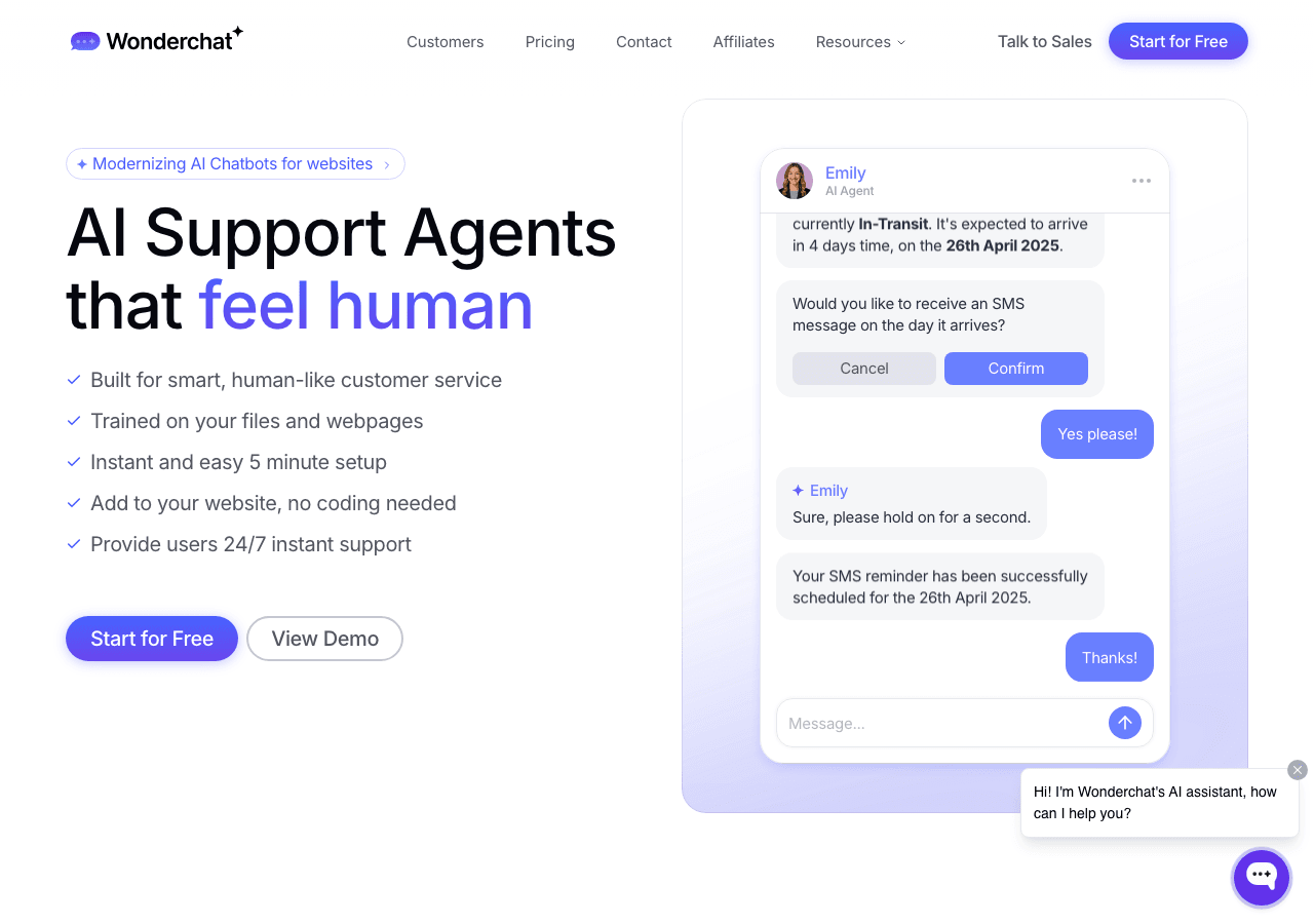 Wonderchat Conversational AI showing Conversational AI - Conversational AI for seamless customer interactions