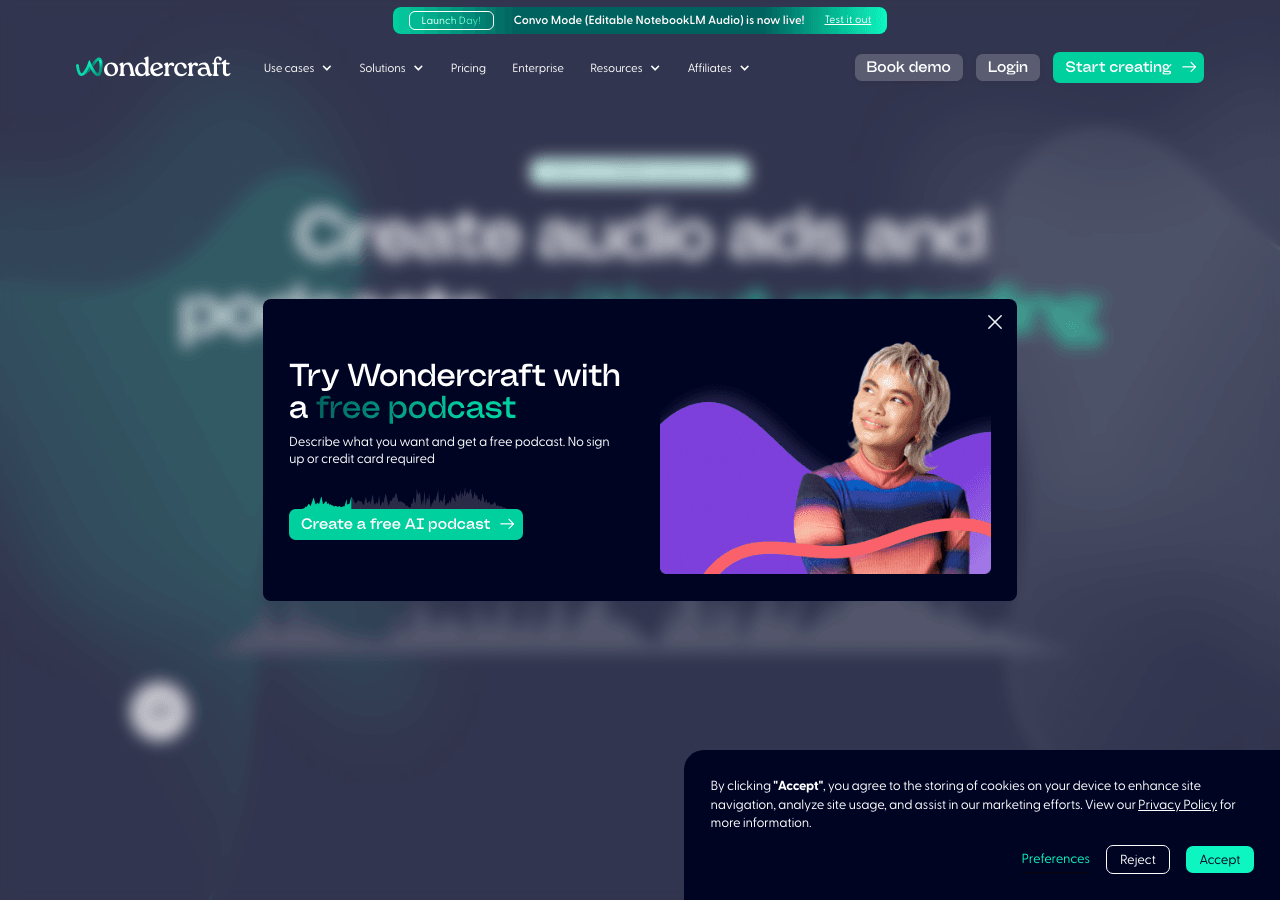 Wondercraft Audio Generation showing Audio Generation - The all-in-one AI audio studio for creators and teams