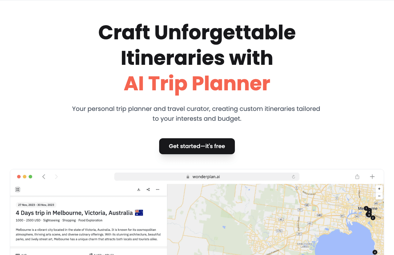 Wonderplan Search & Discovery showing Search & Discovery - Plan your perfect trip with AI