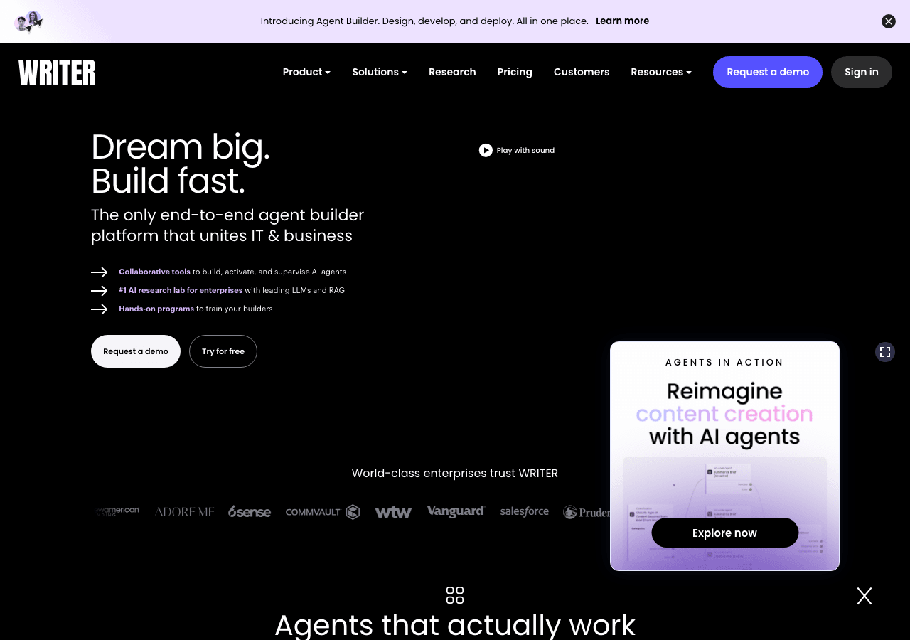 Writer Writing & Translation showing Writing & Translation - The enterprise AI platform for agentic work