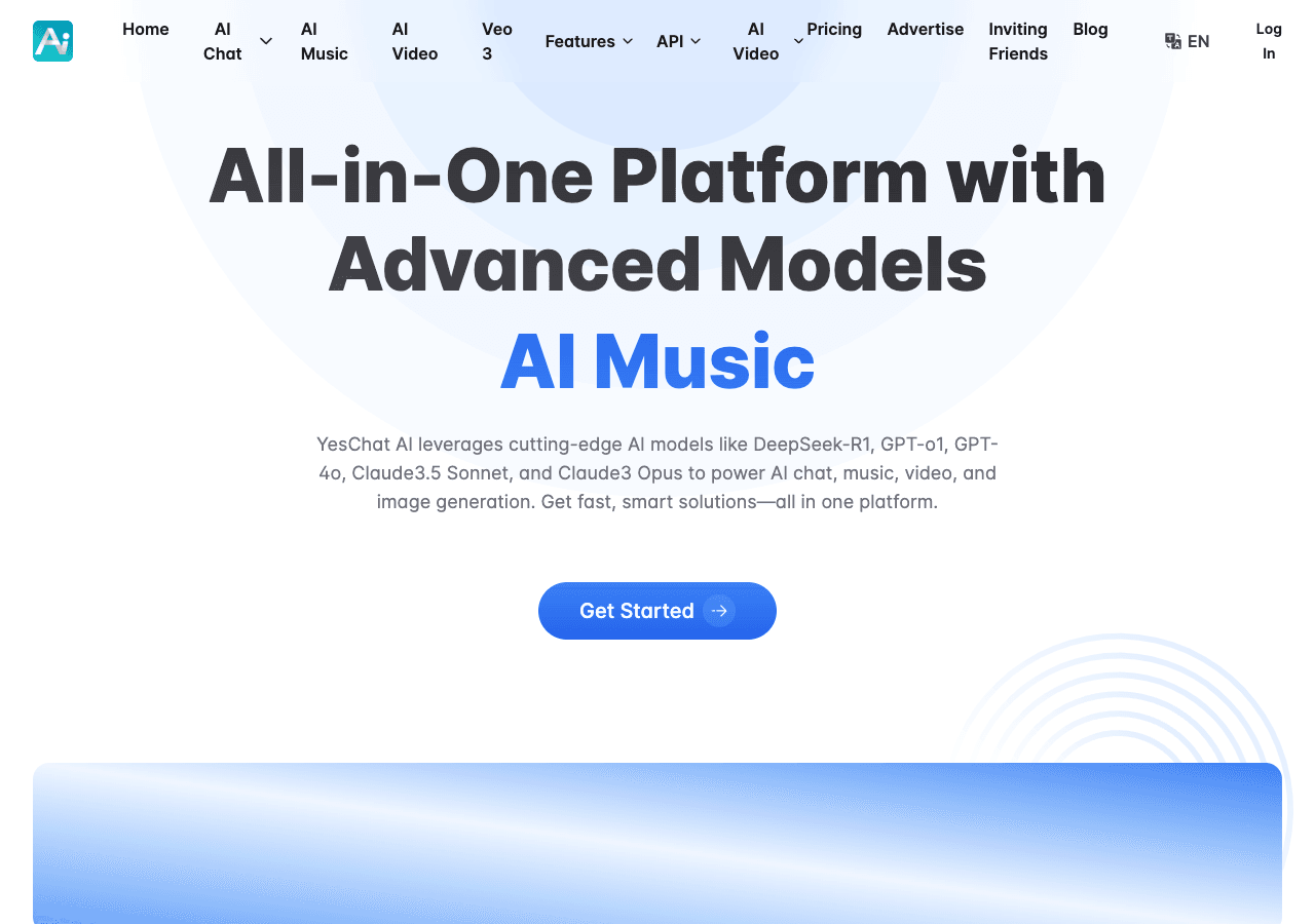 YesChat.ai Conversational AI showing Conversational AI - One Platform for Everything: AI Chat, Music, Video, Images & 200,000