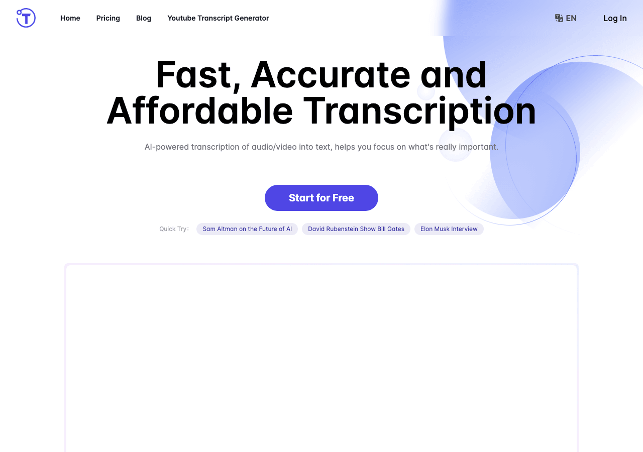 Yescribe.ai Conversational AI showing Conversational AI - Transcribe audio and video to text accurately—in minutes, globally.