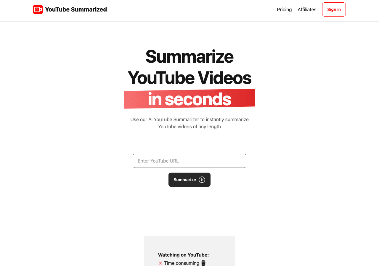 SummYT Search & Discovery showing Search & Discovery - Summarize YouTube Videos in Seconds